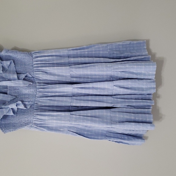 Fate Mini Dress Medium Plaid Blue White Ruffle Cap Sleeve Pockets Tiered Smocked - Picture 7 of 16